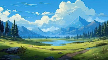 illustration of a lake view in a meadow between trees with a background of mountains and blue sky