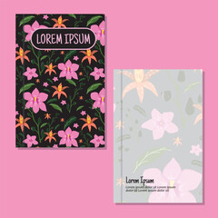 Cover page templates. orchid flower and leaves pattern layouts. Applicable for notebooks and journals, planners, brochures, books, catalogs etc. Repeat patterns and masks used, able to resize.