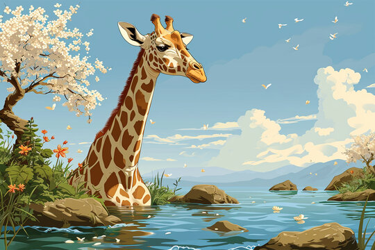 illustration of a giraffe in the water