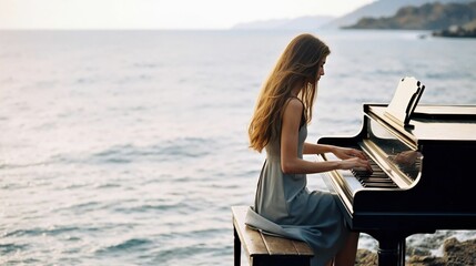 Serene woman playing piano by the sea, capturing the essence of tranquility and nature's beauty during a picturesque sunset