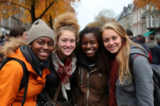 Portrait of girls students of different races against the backdrop of a European city. Exchange study. Diverse University Students Excitedly Learning and Communicating in Different Languages