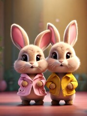Cute cartoon hares couple, perfect for Valentine's Day and Easter. Generative AI