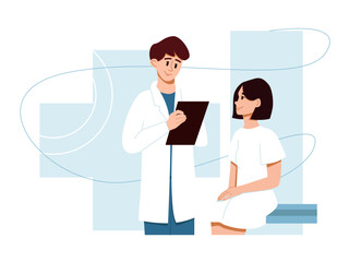  Male Doctor talking to Patient. Woman at Doctors appointment. Vector Illustration in Flat Cartoon Style.