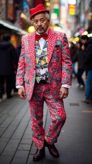 A playful and colorful representation of Harajuku's street culture: Elderly man in eye-catching attire on the bustling streets of Tokyo