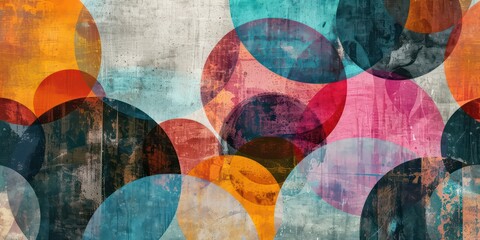 Fototapeta premium Concrete with colorful Circles in trendy holographic Featuring a Grunge Texture Geometric design retro style.