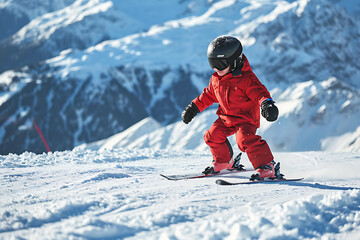 Fototapeta na wymiar Child skier on the slope, Child sledding down a snowy hill, winter joy, pine trees