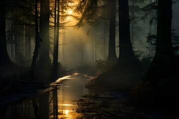 Mysterious foggy forest scenery