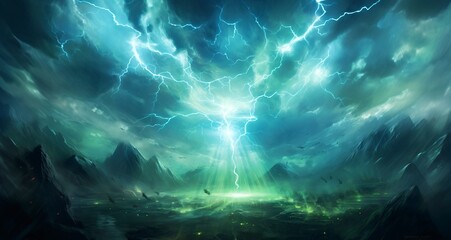 Extremely powerful magic energy gathering in one place, magic lightning bolts converge towards a central point, green and blue effect
