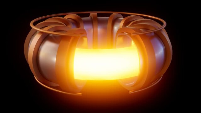A miniaturized model of a fusion reactor, depicted in a 3D animation, showcases a magnetic field confining superheated plasma within a doughnut-shaped chamber.