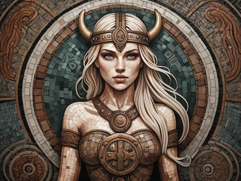 Viking Shieldmaiden - Sensual female figure with ancient cultural inspiration in mosaic art Gen AI