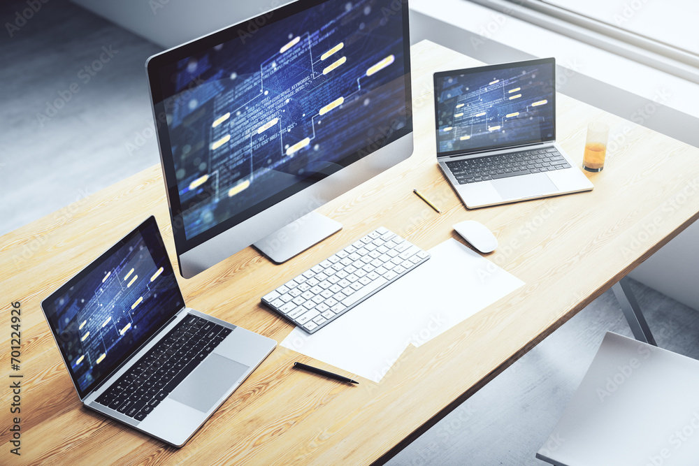 Leinwandbilder modern computer display with abstract programming language hologram, artificial intelligence and mac