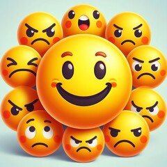 smiling face emoji in the middle of unhappy, angry, annoyed faces, Stickers with various expressions. positive conceptual design