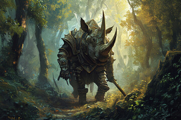 illustration of the rhinoceros knight guarding the forest - obrazy, fototapety, plakaty