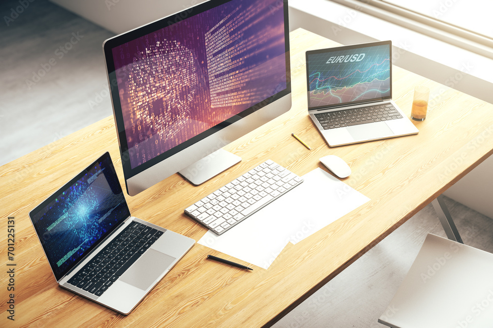 Poster Creative concept of code skull illustration on modern laptop screen. Hacking and phishing concept. 3D Rendering