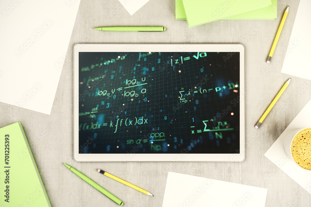 Poster creative scientific formula hologram on modern digital tablet screen, research concept. top view. 3d