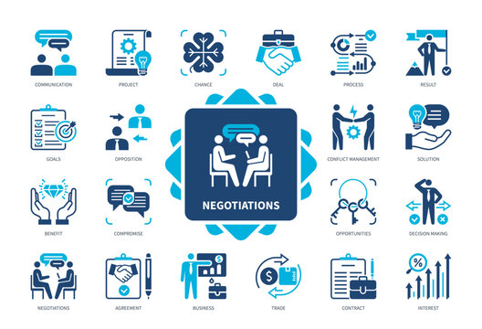 Negotiations icon set. Goals, Compromise, Contract, Solution, Opportunities, Communicate, Conflict Management, Agreement. Duotone color solid icons