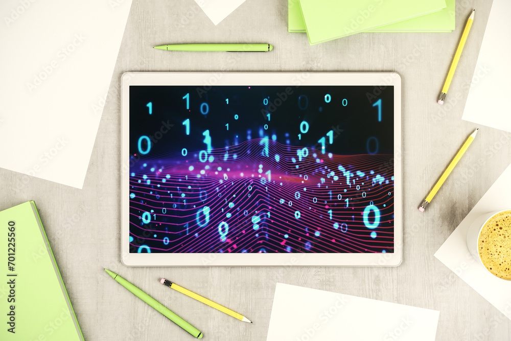 Aufkleber Creative abstract binary code hologram on modern digital tablet display, AI and machine learning concept. Top view. 3D Rendering