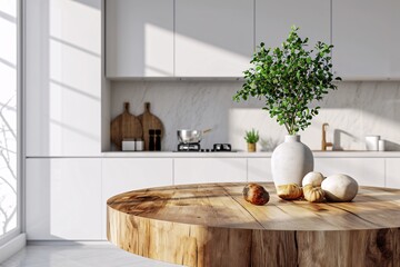 Stunning Round Wood Tabletop Counter Set Against a Clean, Bright Kitchen Interior, Perfect for Product Display and Montage - obrazy, fototapety, plakaty