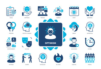 Optimism icon set. Happiness, Goodness, Entertainment, Culture, Positive Thinking, Humor, Freedom, Inspiration. Duotone color solid icons