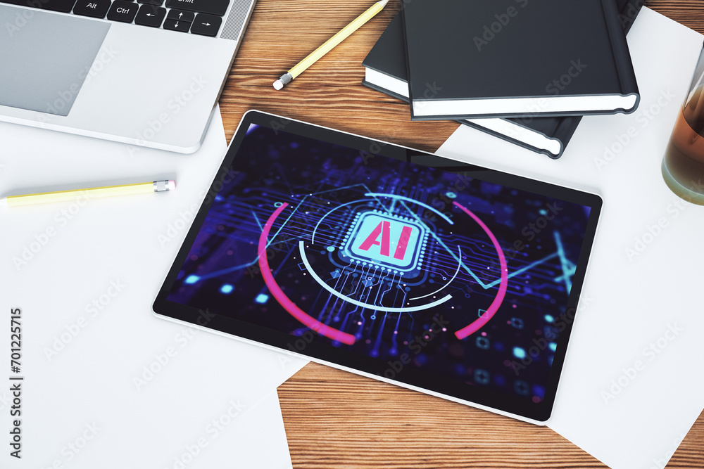 Poster Top view of modern digital tablet screen with creative artificial Intelligence abbreviation. Future technology and AI concept. 3D Rendering