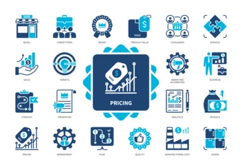 Foto op Canvas Pricing icon set. Product Value, Strategy, Revenue, Management, Marketing Automation, Business, Sales, Goods, Services. Duotone color solid icons © Genestro
