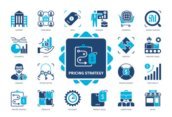 Pricing Strategy icon set. Company, Market Analysis, Product Value, Management, Competition, Business, Customers, Market. Duotone color solid icons