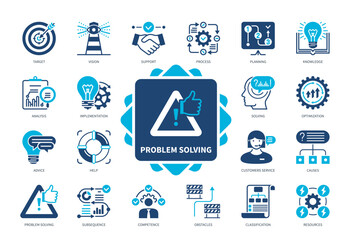 Problem Solving icon set. Obstacles, Optimization, Vision, Analysis, Advice, Customer Service, Competence, Solving. Duotone color solid icons