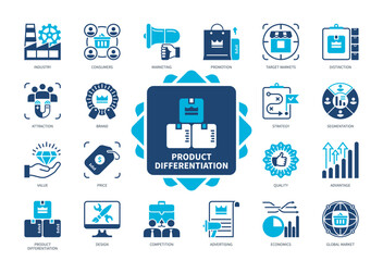 Product Differentiation icon set. Industry, Distinction, Marketing, Target Market, Advantage, Economics, Customers, Promotion. Duotone color solid icons