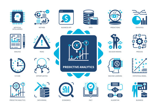 Predictive Analytics icon set. Machine Learning, Data Mining, Statistics, Opportunities, Prediction, Analysis, Algorithm, Artificial Intelligence. Duotone color solid icons