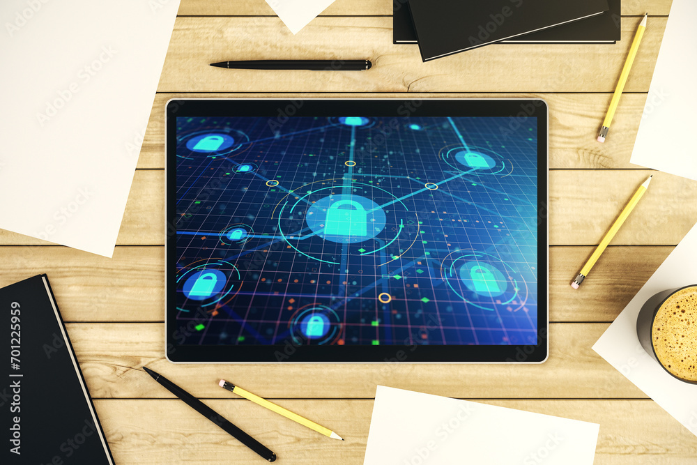 Poster Creative lock sketch with chip hologram on modern digital tablet screen, protection of personal data concept. Top view. 3D Rendering