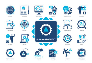 Risk Management icon set. Standard, Monitoring, Strategy, Analysis, Control, Evaluation, International Markets, Project. Duotone color solid icons