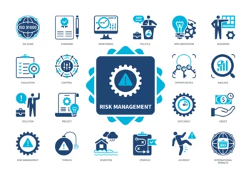 Fotobehang Risk Management icon set. Standard, Monitoring, Strategy, Analysis, Control, Evaluation, International Markets, Project. Duotone color solid icons © Genestro