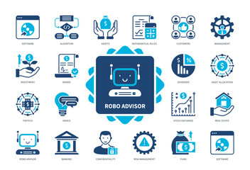 Robo Advisor icon set. Advisor, Investment, Software, Algorithm, Fintech, Management, Asset Allocation, Consulting. Duotone color solid icons