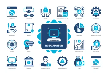 Fotobehang Robo Advisor icon set. Advisor, Investment, Software, Algorithm, Fintech, Management, Asset Allocation, Consulting. Duotone color solid icons © Genestro