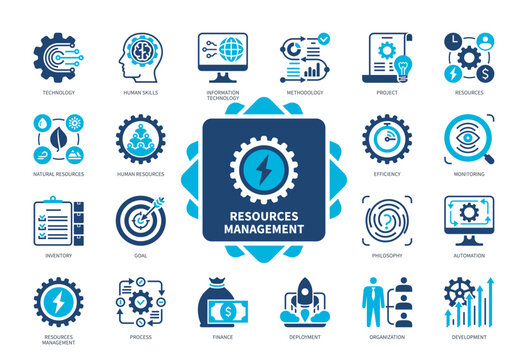 Resources Management Icon Set. Resources, Information Technology, Deployment, Human Resources, Project, Inventory, Skills, Development. Duotone Color Solid Icons