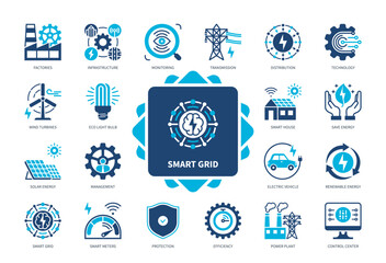 Smart Grid icon set. Factories, Distribution, Renewable Energy, Smart Meters, Power Plant, Eco Light Bulb, Protection, Infrastructure. Duotone color solid icons