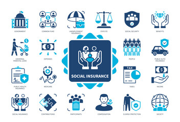Social Insurance icon set. Government, Universal Parental Leave, Common Fund, Contributions, Social Security, Unemployment Insurance, Benefits, Compensation. Duotone color solid icons - obrazy, fototapety, plakaty