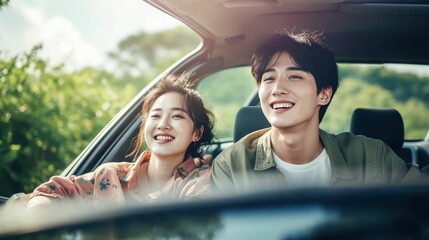 Joyful Asian couple on a road trip, smiling and enjoying their journey together in a car, symbolizing happiness, travel, and shared experiences