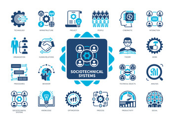 Sociotechnical Systems icon set. Technology, Cybernetic, Interaction, Human Relation, Procedures, Infrastructure, Theory, Work. Duotone color solid icons
