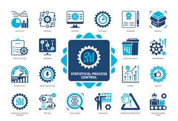 Statistical Process Control icon set. Manufacturing Lines, Quality Control, Standard, Monitoring, Defect Detection, Designing, Specifications, Problems Prevention. Duotone color solid icons - 701226311