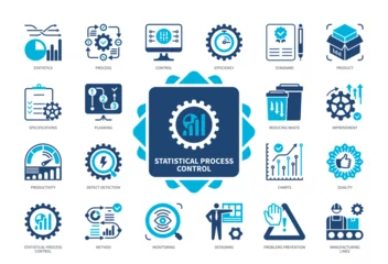 Fotobehang Statistical Process Control icon set. Manufacturing Lines, Quality Control, Standard, Monitoring, Defect Detection, Designing, Specifications, Problems Prevention. Duotone color solid icons © Genestro