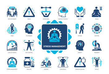 Stress Management icon set. Psychotherapy, Crisis, Health, Anxiety, Depression, Positive Thinking, Fatigue, Problem Solving. Duotone color solid icons