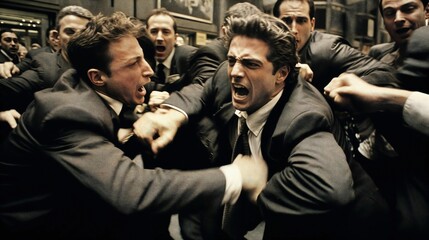 Financial fury: An investor's struggle with market volatility and business competition, captured in a moment of conflict and economic stress