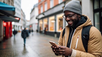 Urban man elated by smartphone news, celebrating digital life