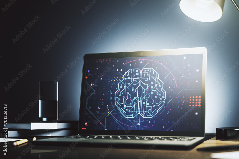 Poster creative artificial intelligence concept with human brain hologram on modern laptop screen. 3d rende