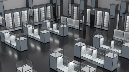 Retail floor plan with slatwall display stands with glass shelves. 3d illustration