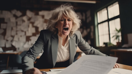 Angry business woman yelling at the office. Generated Ai - obrazy, fototapety, plakaty