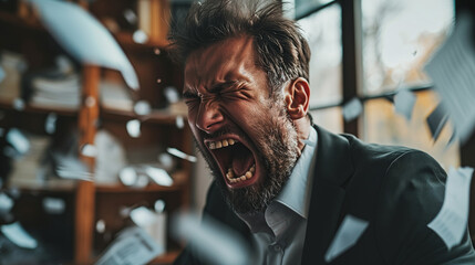 An angry man yelling in the office. generated Ai  - 701226783