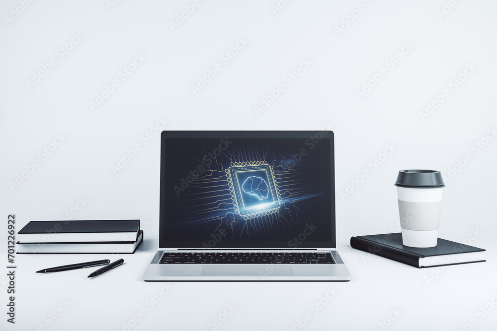 Poster Modern computer display with creative human brain microcircuit. Future technology and AI concept. 3D Rendering