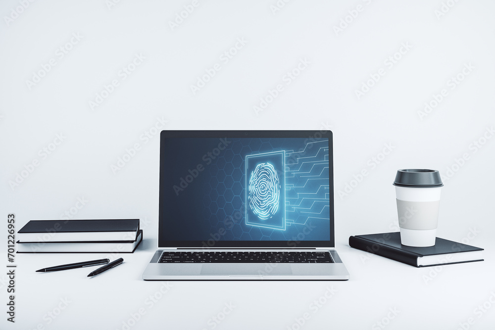 Aufkleber Modern computer monitor with abstract creative fingerprint hologram, research and development concept. 3D Rendering